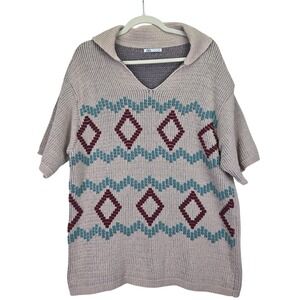 Zara Mens Crochet‎ Knit Sweater Polo Large Aztec Diamond Collared Retro Tribal